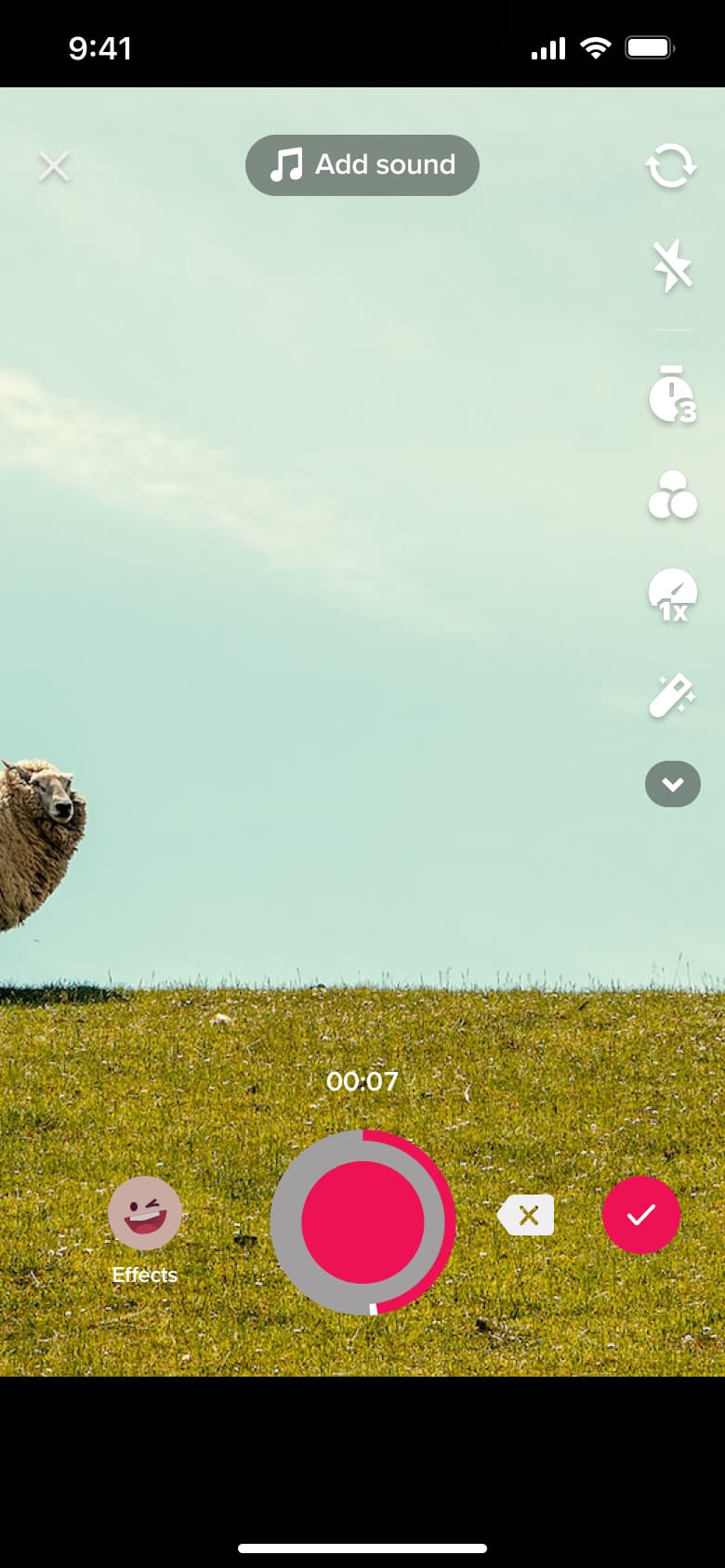 Paused recording with add sound chip, side tools, effects and delete clip.