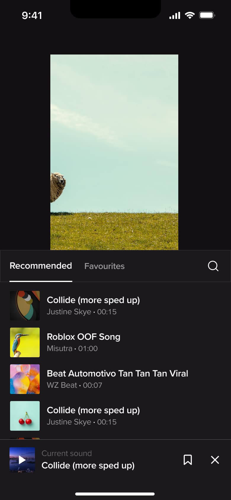 Sound picker sheet with recommended and favourites tabs and current sound bar.