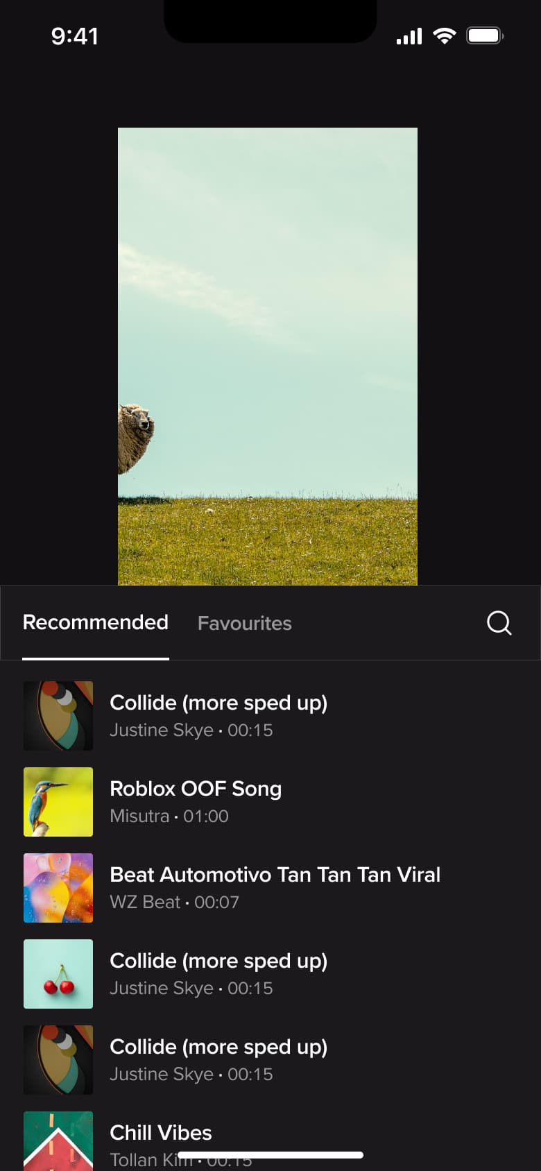 Sound picker sheet expanded with recommended tracks list.