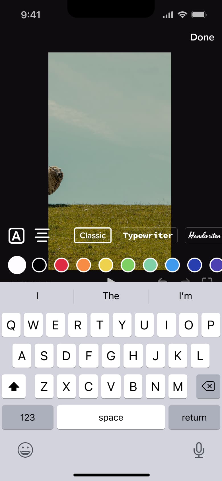 Text overlay editor with font style chips, colour swatches and keyboard.