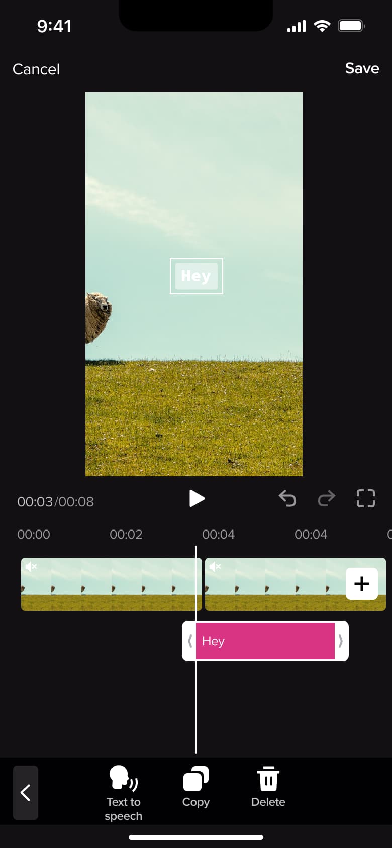 Text clip selected on timeline with text to speech, copy and delete tools.