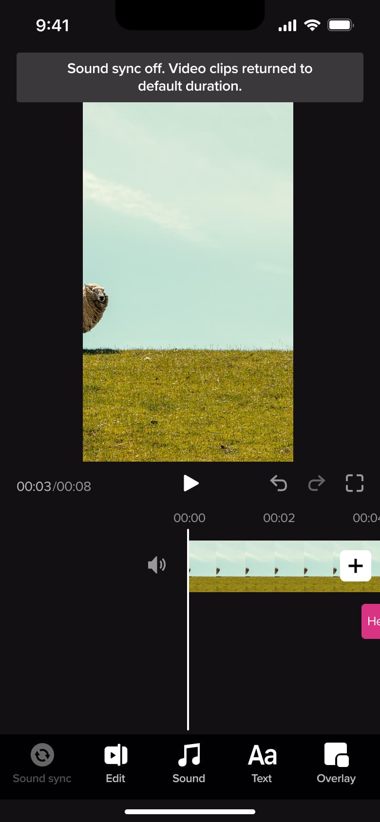 Sound sync off toast: clips returned to default duration.