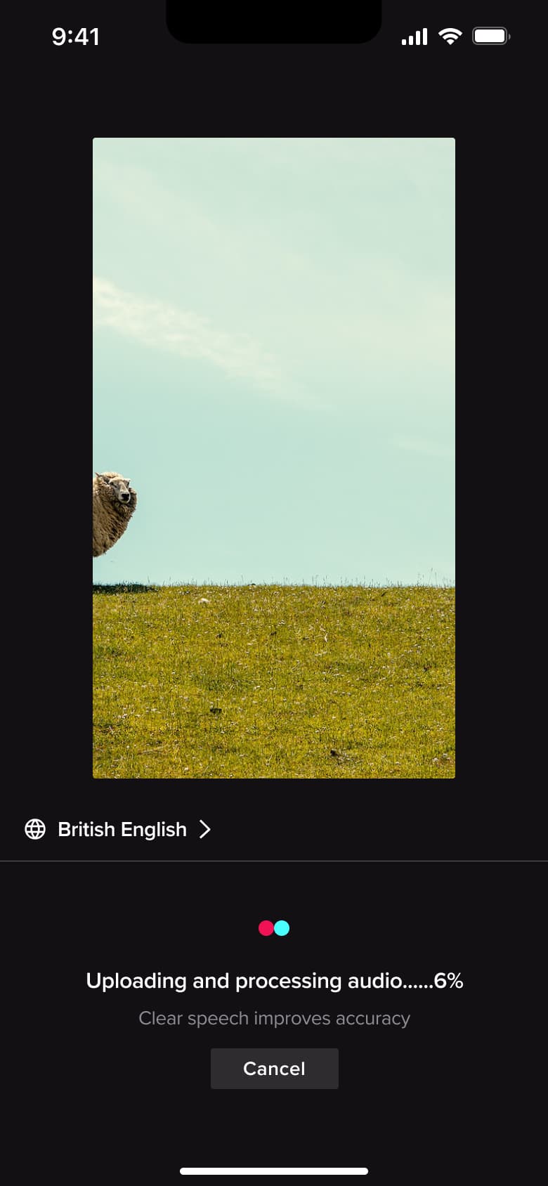 Uploading and processing audio for auto captions with cancel.