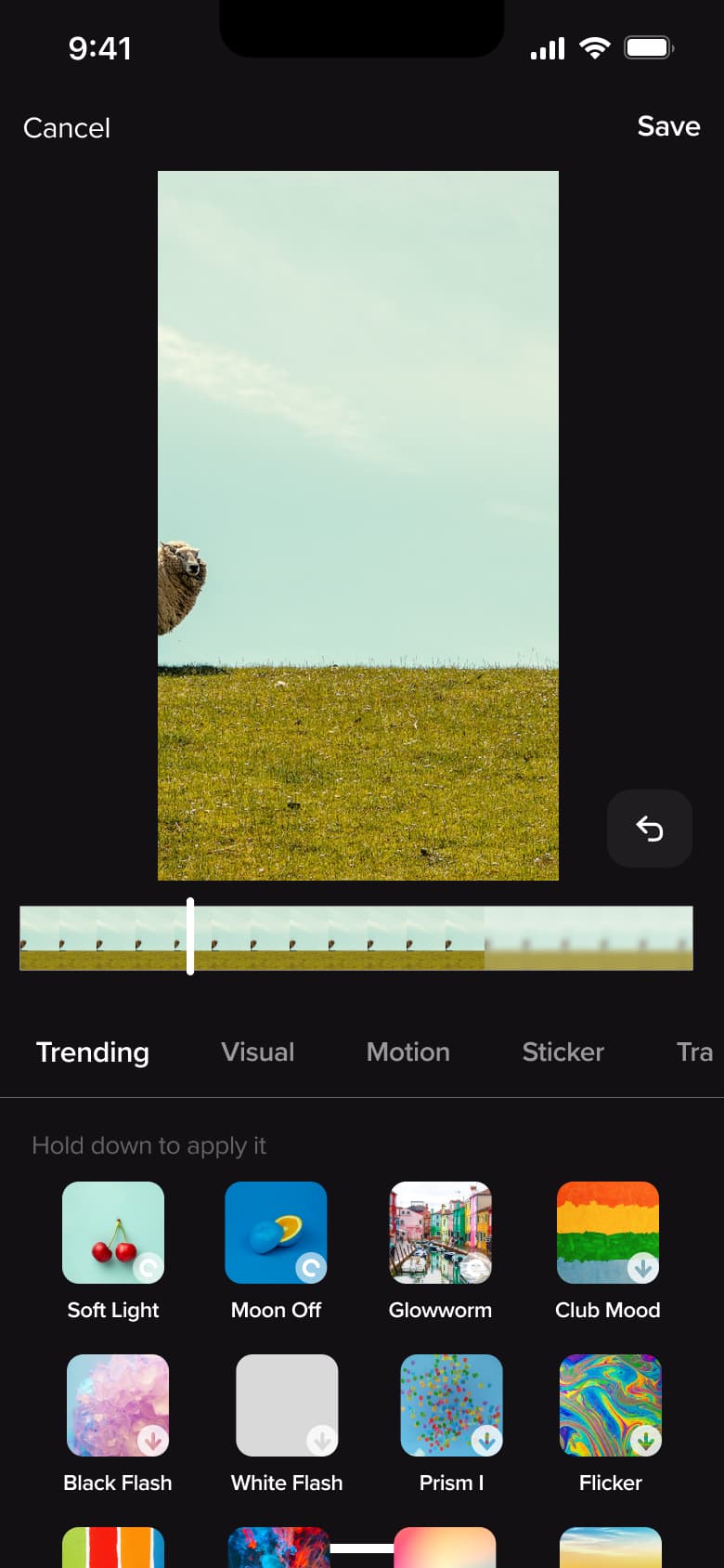 Effects panel with trending, visual, motion and sticker effect tiles.