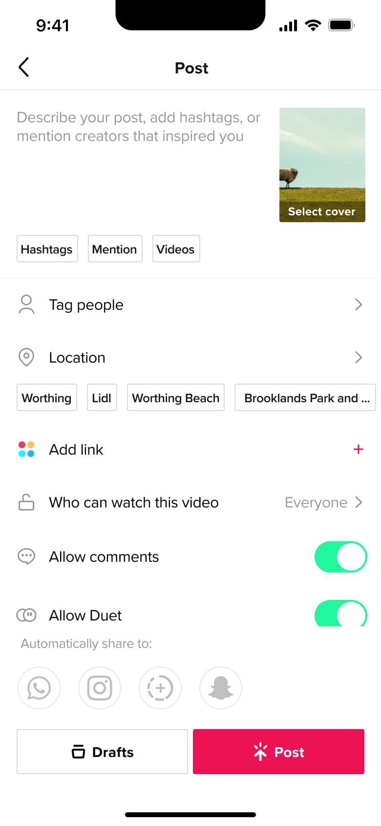 Post composer: caption, cover, tag people, location chips, privacy toggles, share to and post button.