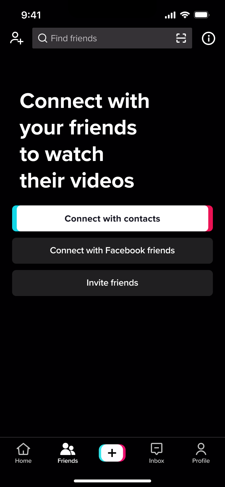 Connect with your friends: contacts, social friends and invite buttons.