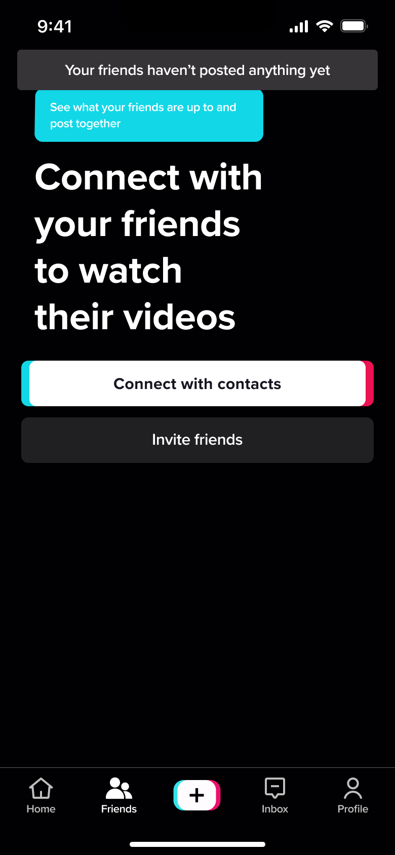 Friends empty state with tooltip and no posts notice.