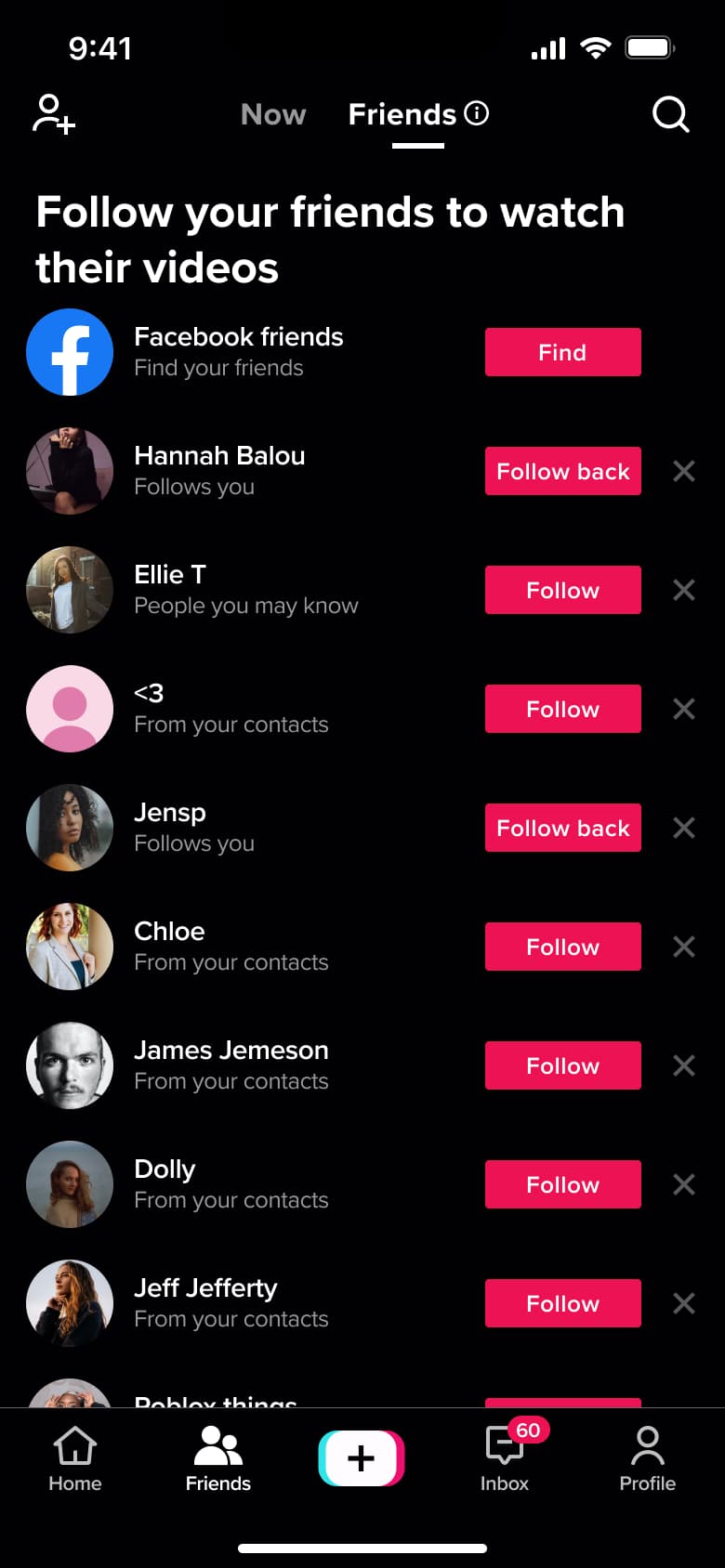 Follow your friends: suggested contacts with follow and follow back buttons.