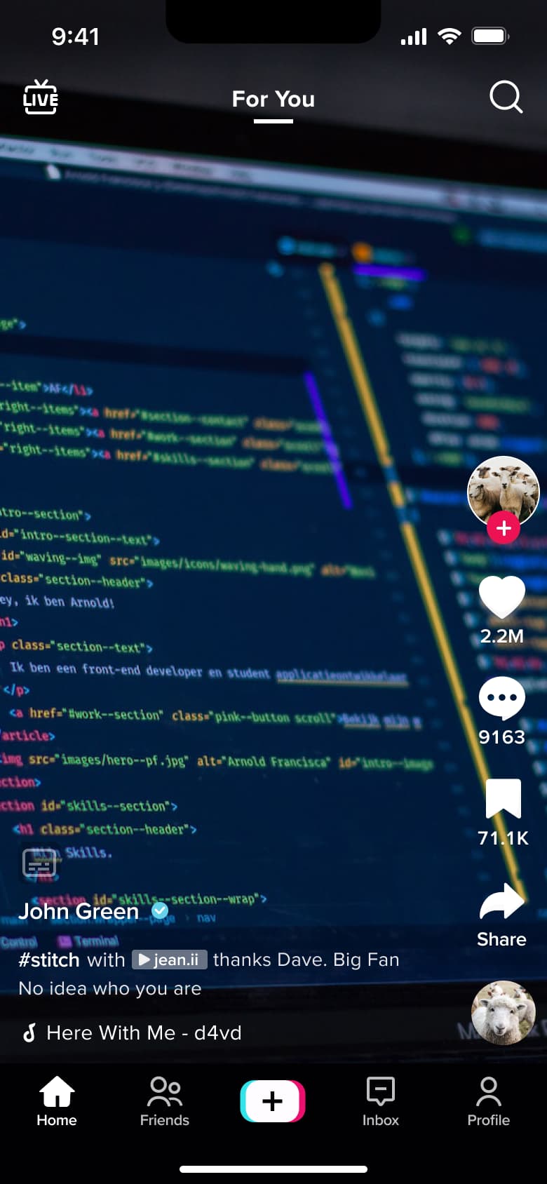 Feed video with stitch chip and caption.