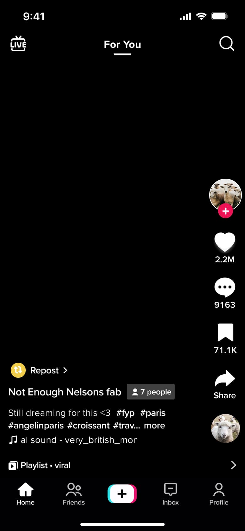 Feed video with repost chip and group badge.