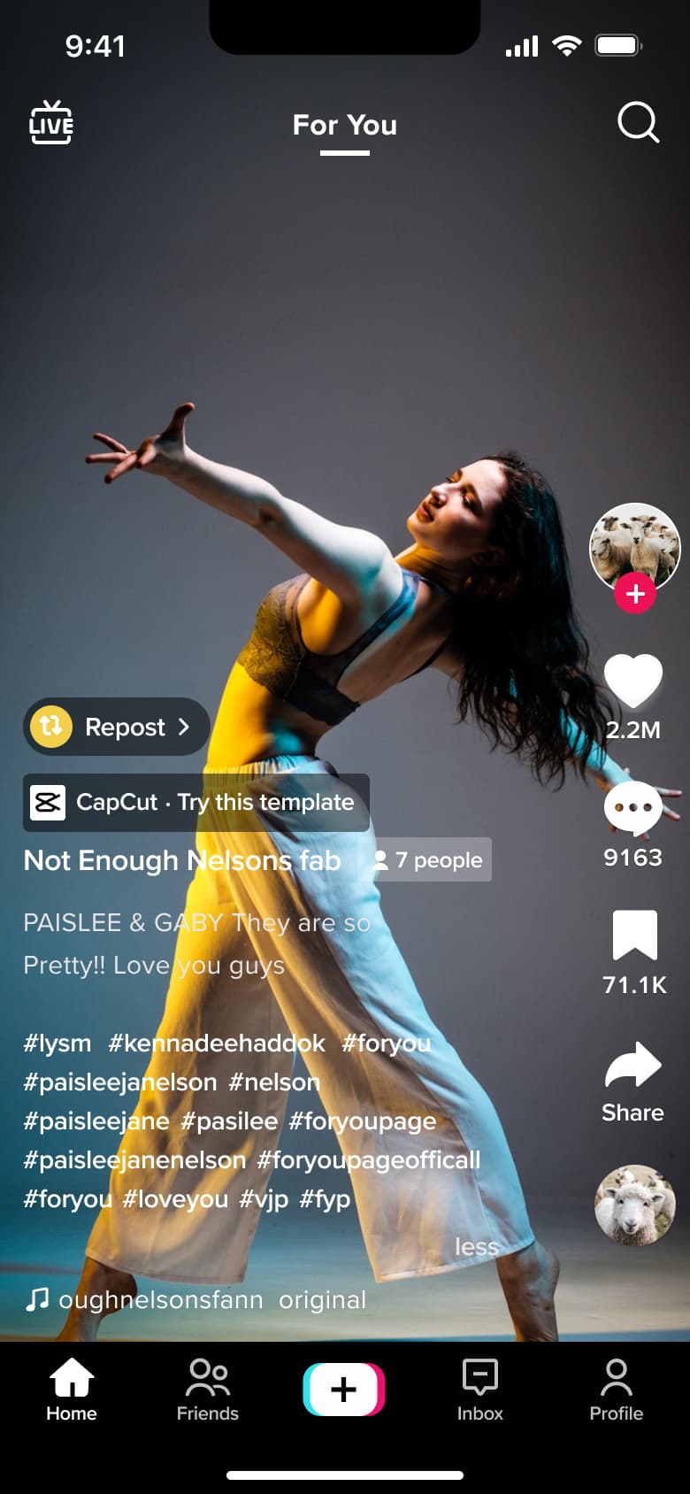 Feed video with template and repost chips.