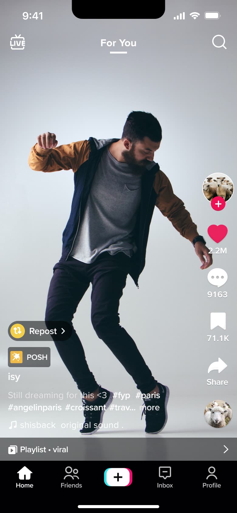 Feed video liked with filled heart.