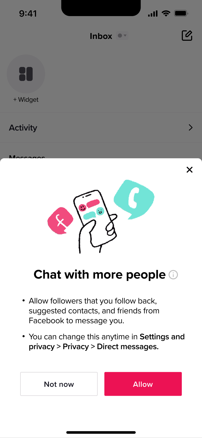 Chat with more people sheet: allow messages from more people, not now or allow.