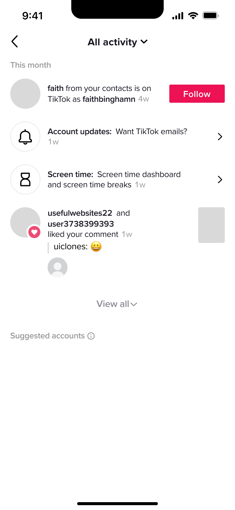 All activity: contact joined, account updates, screen time and liked comment notifications.