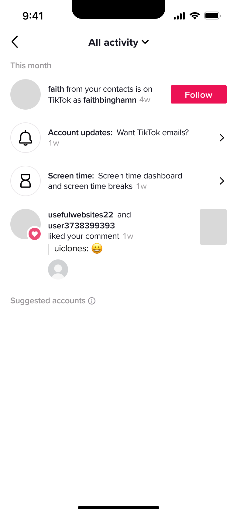 All activity list with suggested accounts header.