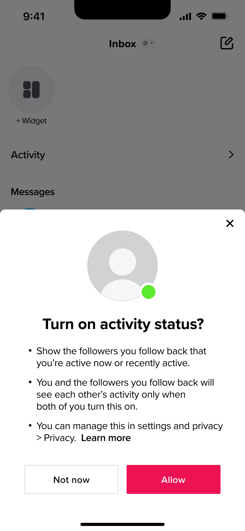 Turn on activity status sheet with not now and allow.