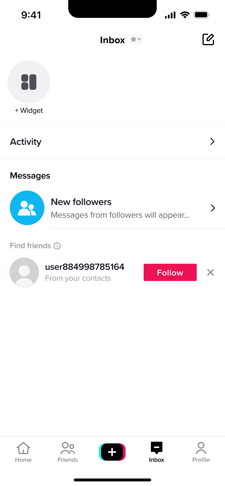 Inbox: widget shortcut, activity row, new followers message and find friends.
