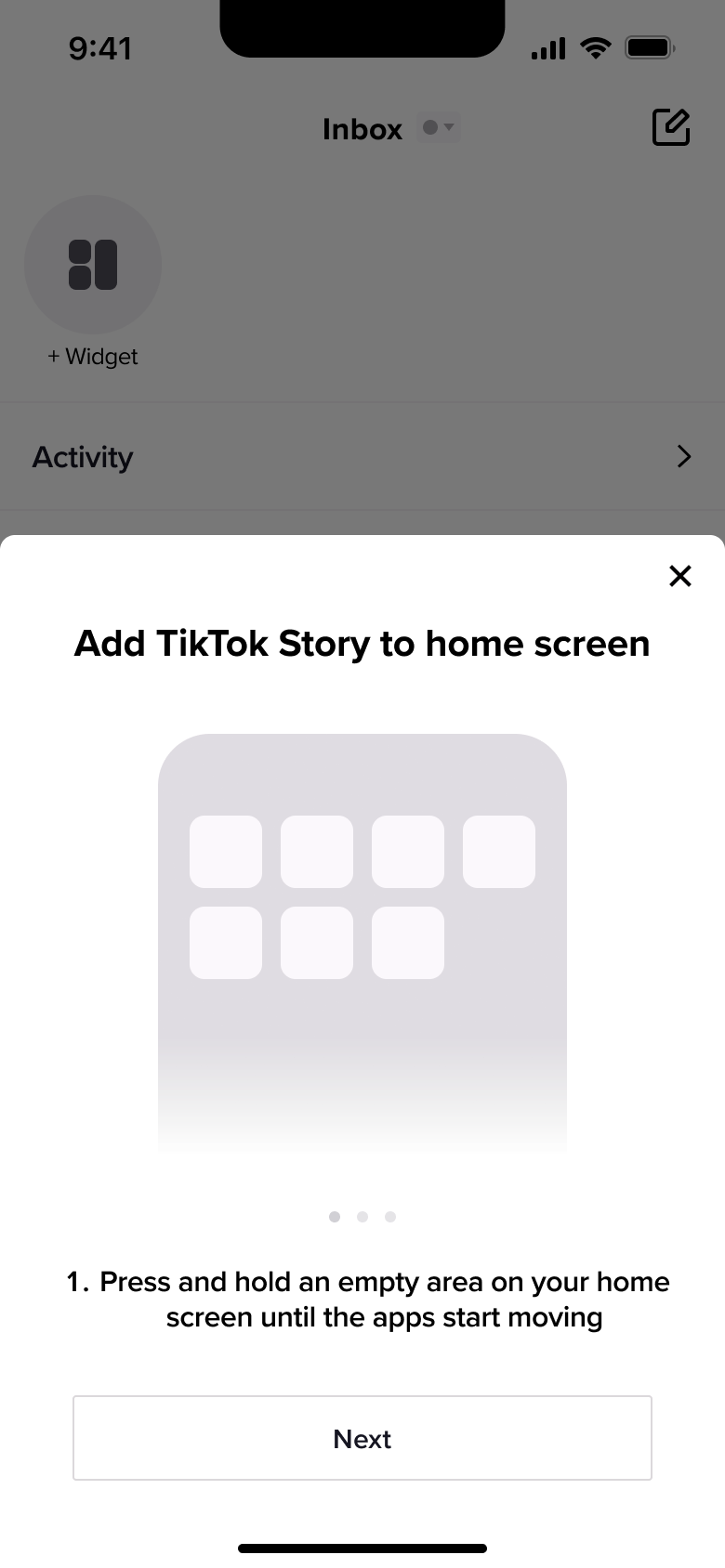 Add story to home screen widget tutorial sheet.