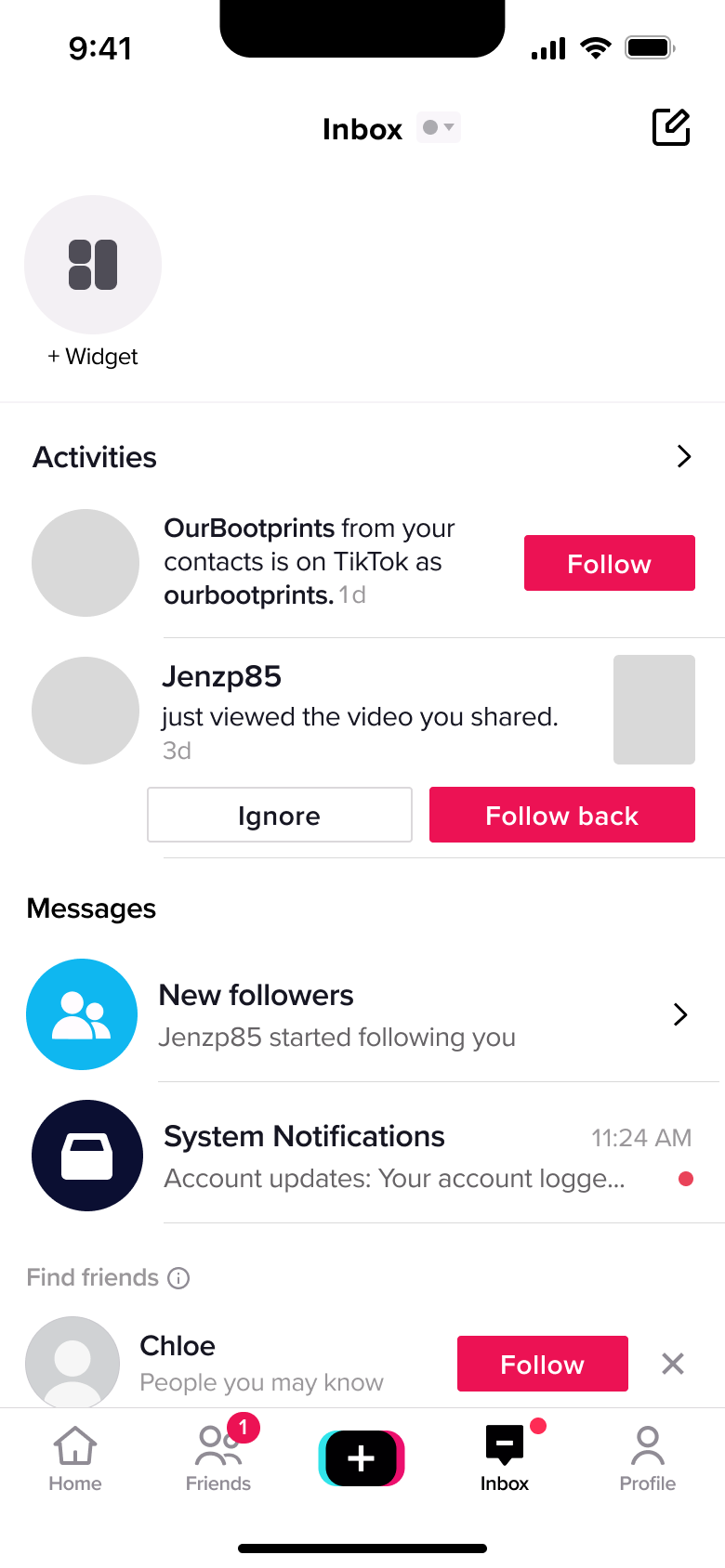 Inbox with activities, ignore and follow back actions, new followers and system notifications.