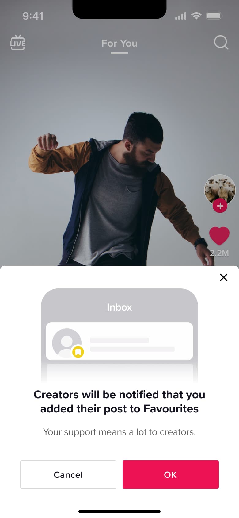 Dialog explaining creators are notified when you add their post to favourites.