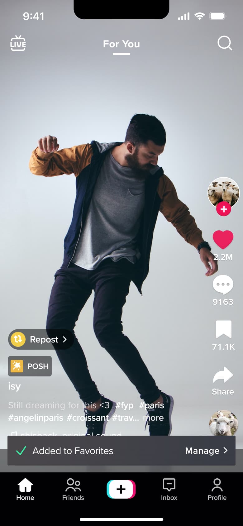 Video feed with added to favourites toast and manage link.