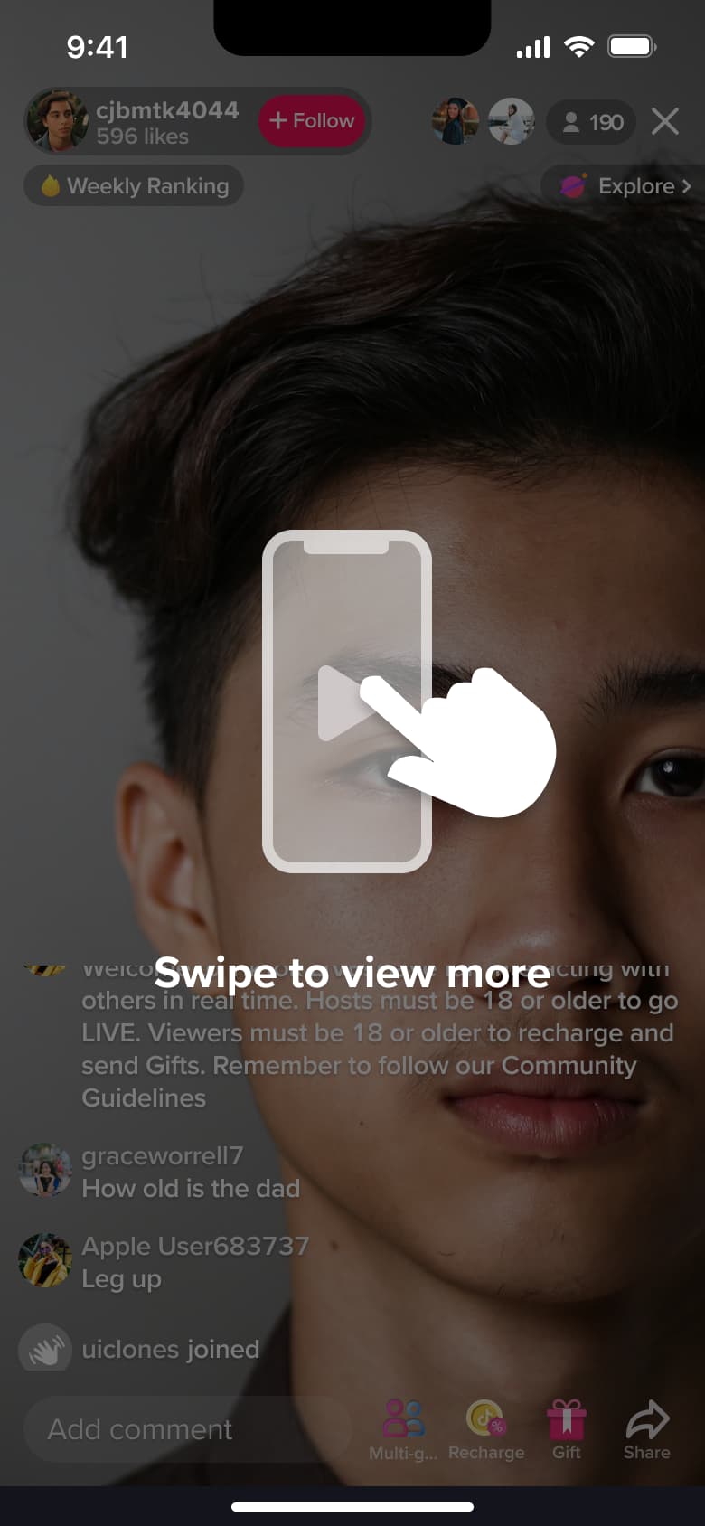 Live stream with swipe to view more coach mark.