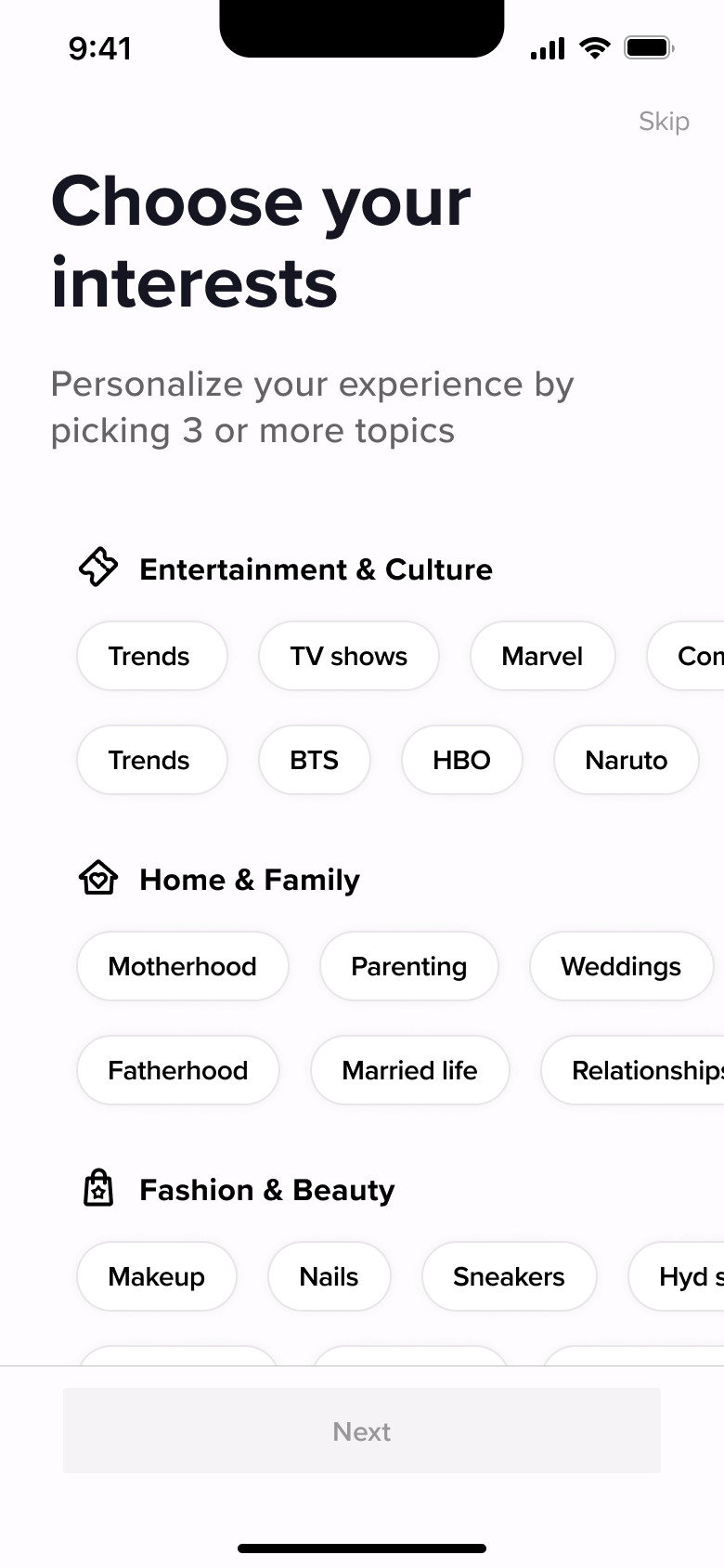 TikTok flow, step 1: onboarding 1