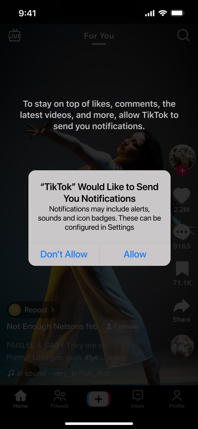 Notifications permission system alert with priming text over the feed.