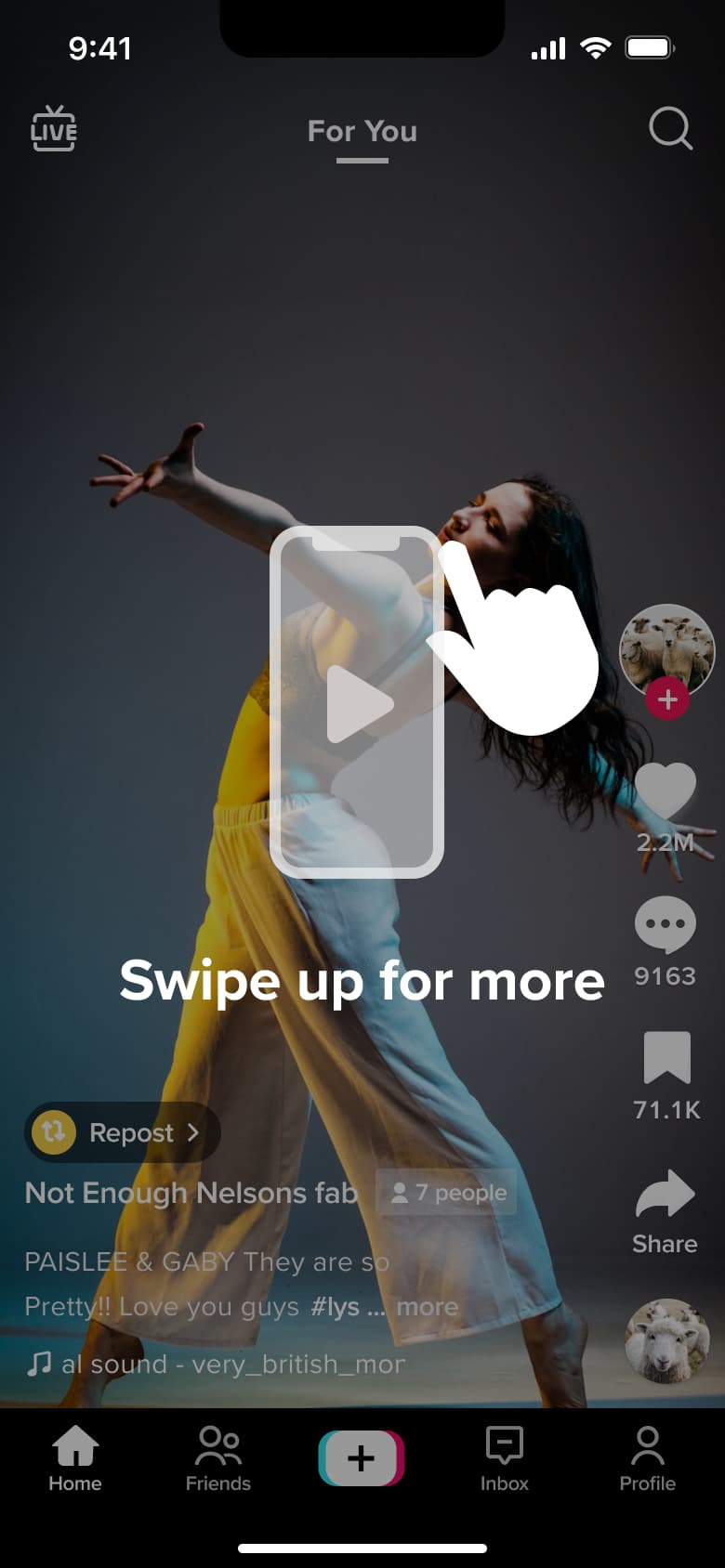 Feed with swipe up for more coach mark overlay.