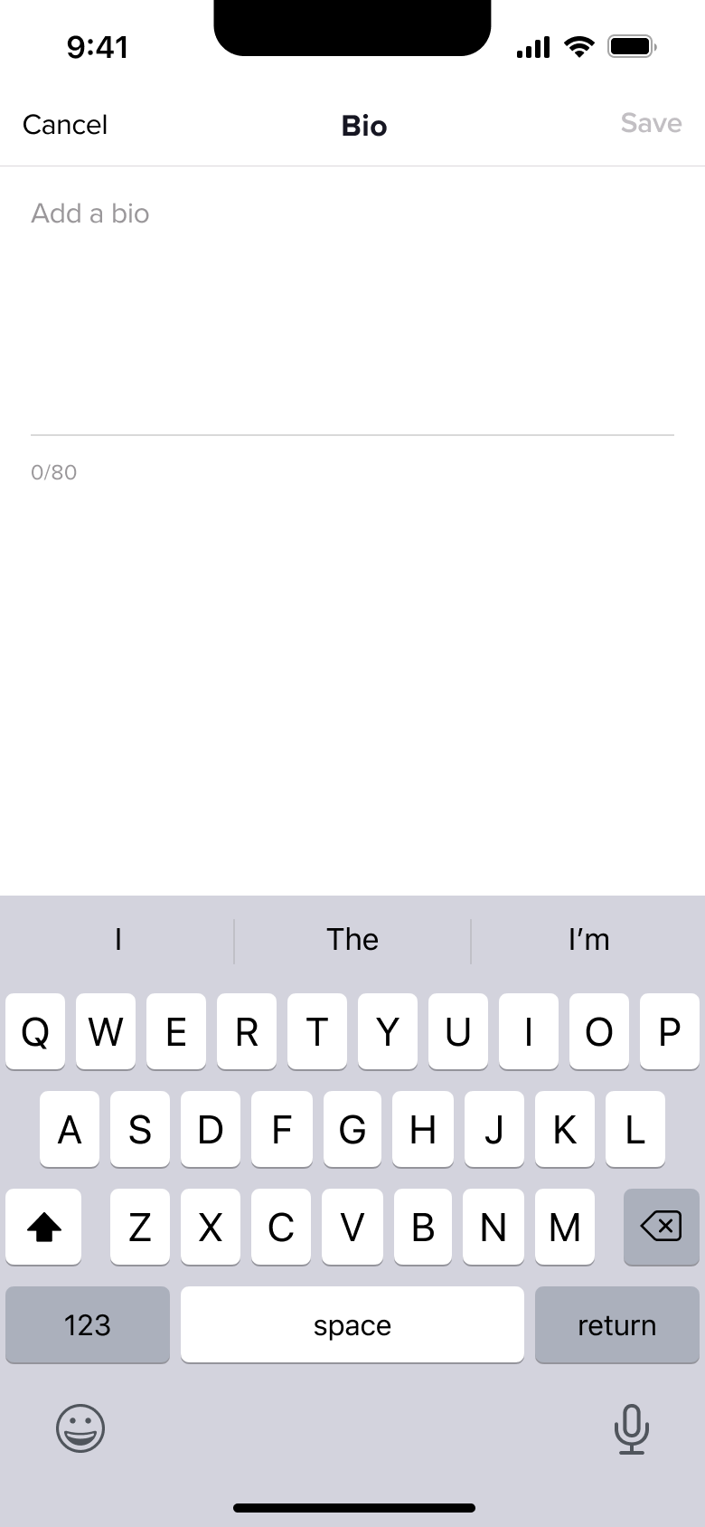 Edit bio text area with character counter and keyboard.