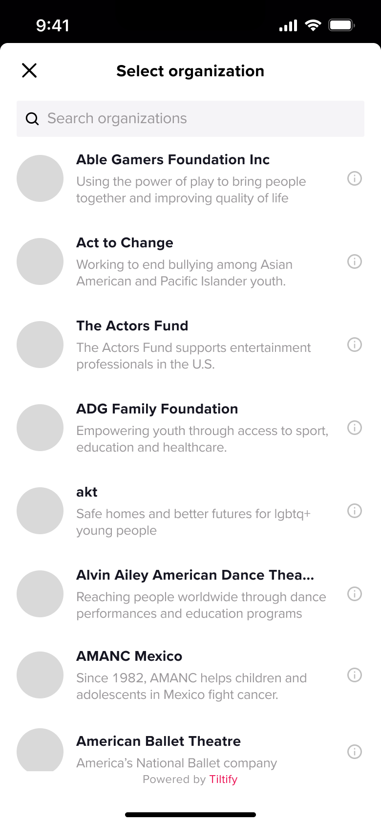 Select nonprofit organisation list with search.