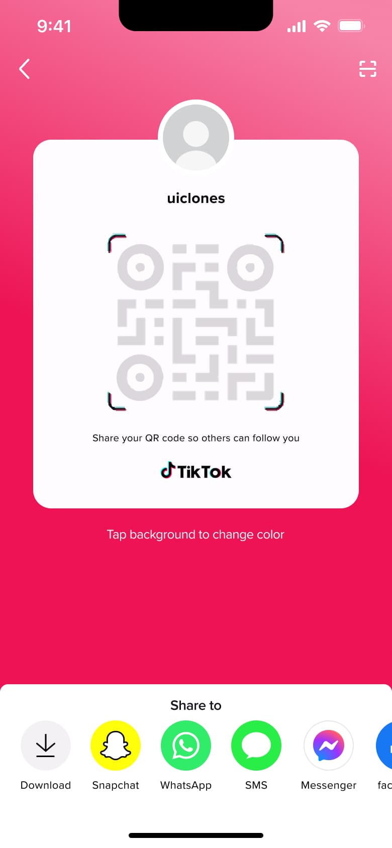 My QR code card on a coloured background with share to apps.