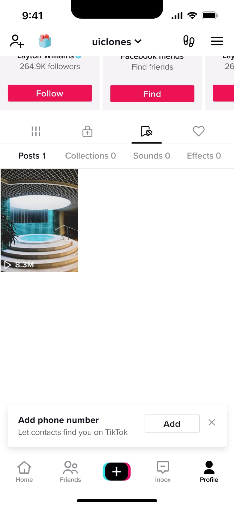 Favourites tab with collections, sounds and effects sub-tabs and a saved post.