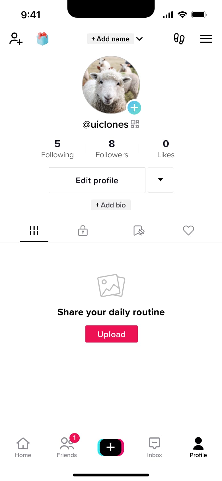 Own profile with avatar, stats, edit profile, empty posts prompt and add phone number banner.