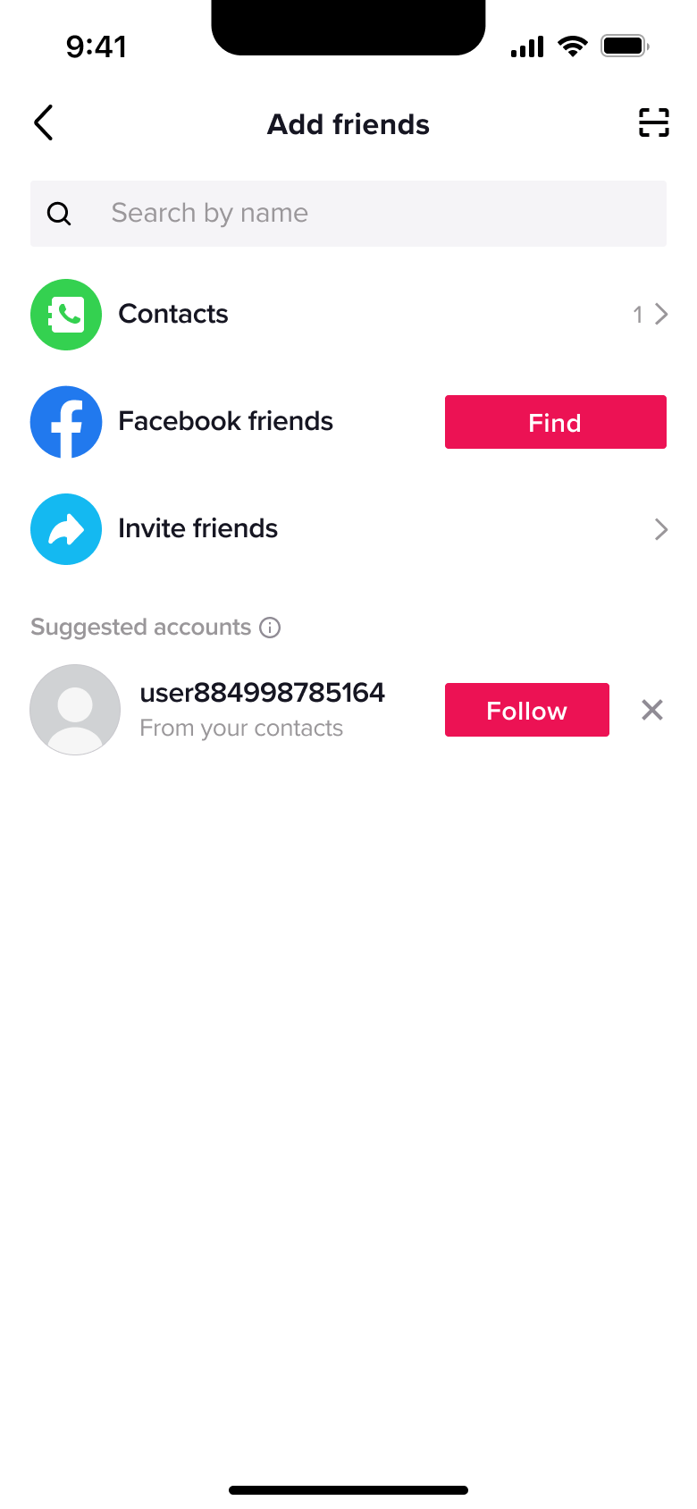 Add friends: search, contacts, social friends, invite friends and suggestions.