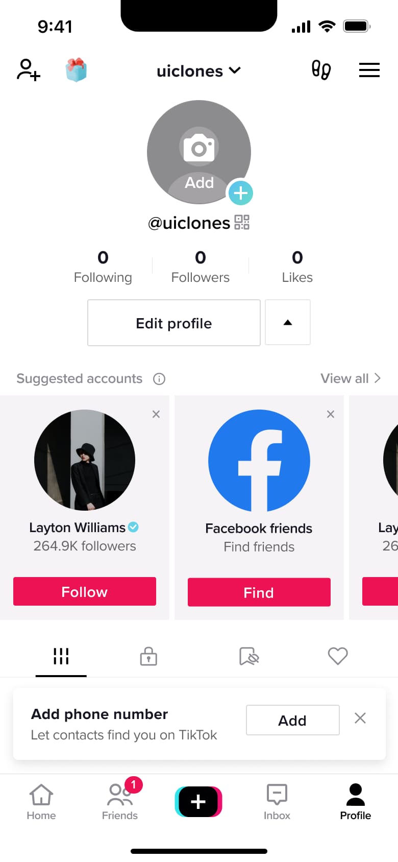Own profile with suggested accounts carousel.