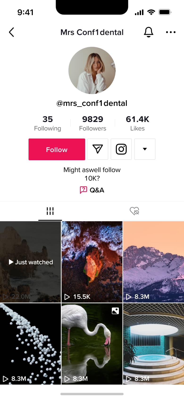 Profile with Q&A link and video grid.