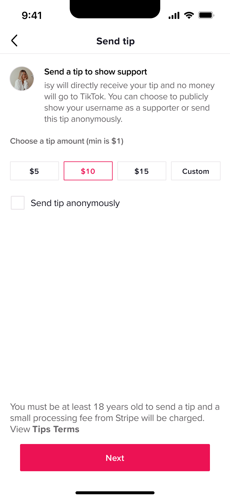 Send tip: choose tip amount chips and send anonymously option.