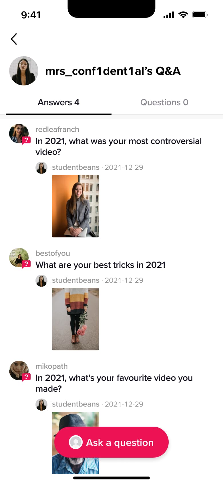 Q&A answers list with questions, video answers and ask a question button.