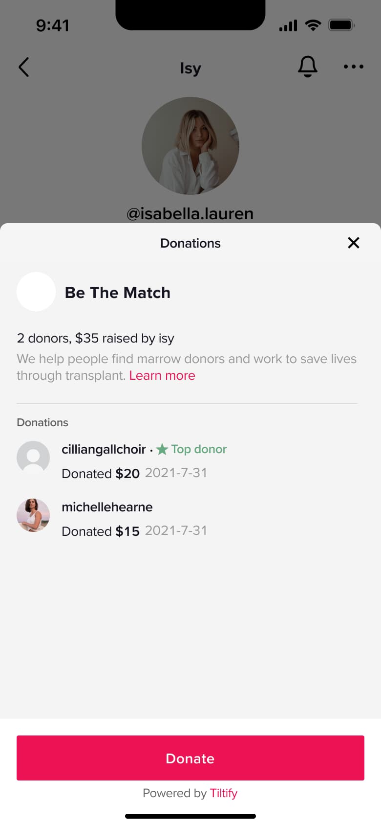 Donations sheet on a profile: charity, donors list and donate button.