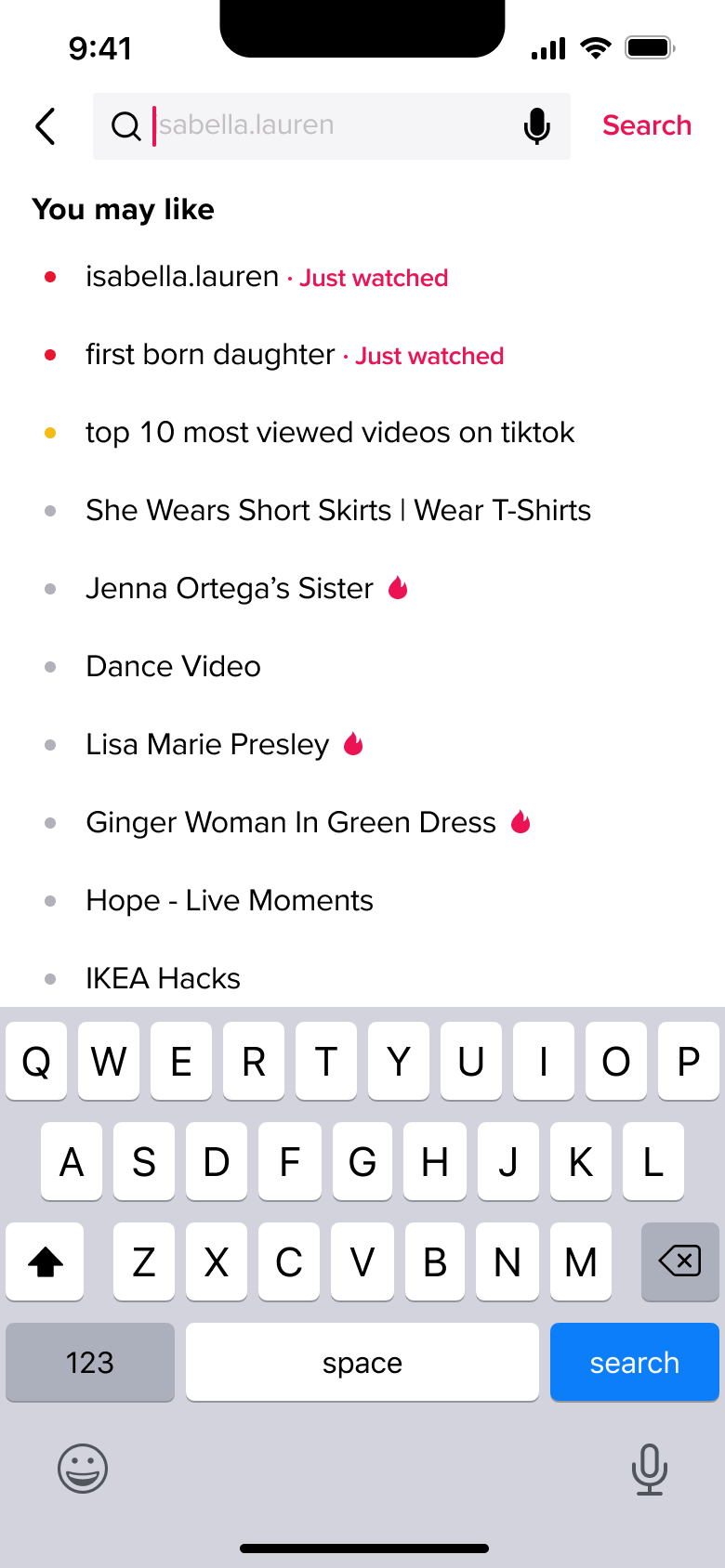 Search with you may like suggestions, trending markers and keyboard.