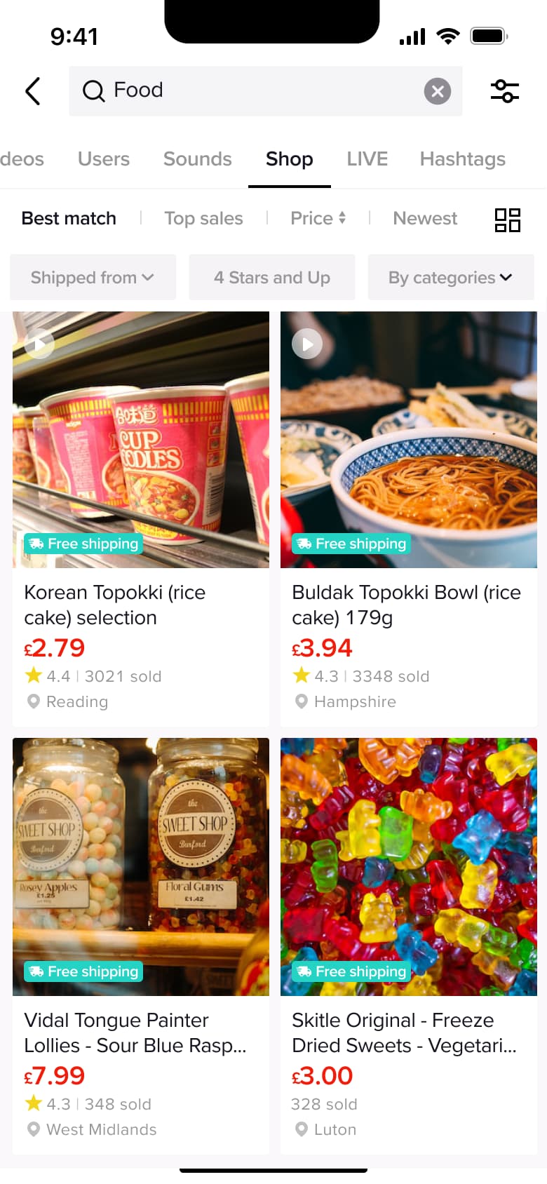 Shop search results: product grid with prices, ratings and sort chips.