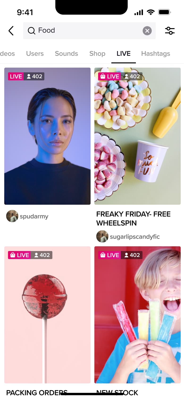 Live search results grid with live badges and viewer counts.