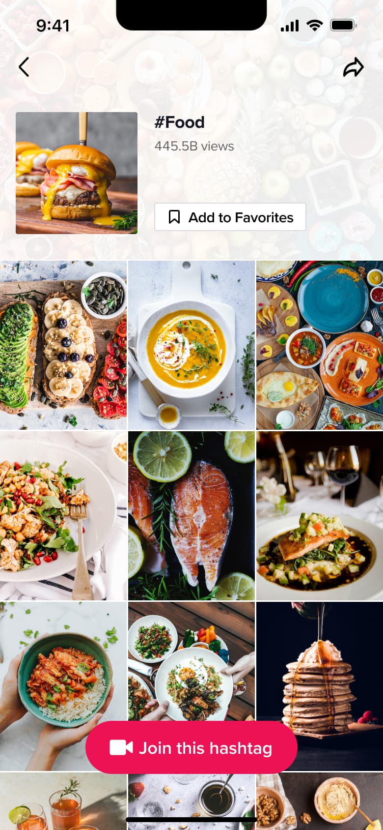 Hashtag page with view count and grid of food videos.