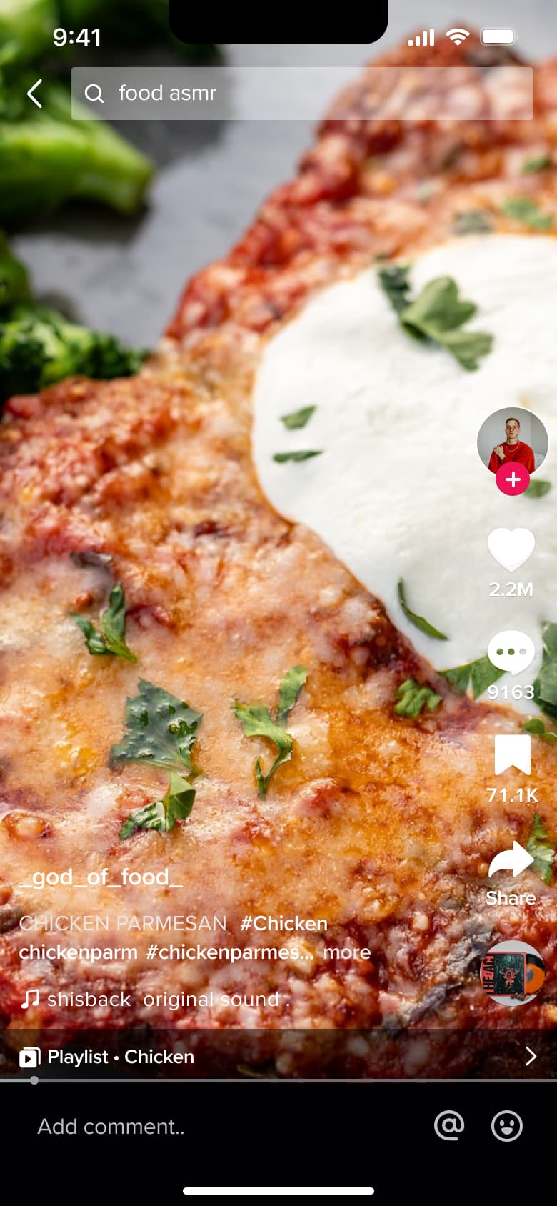 Full-screen video from search with actions rail, playlist row and comment field.