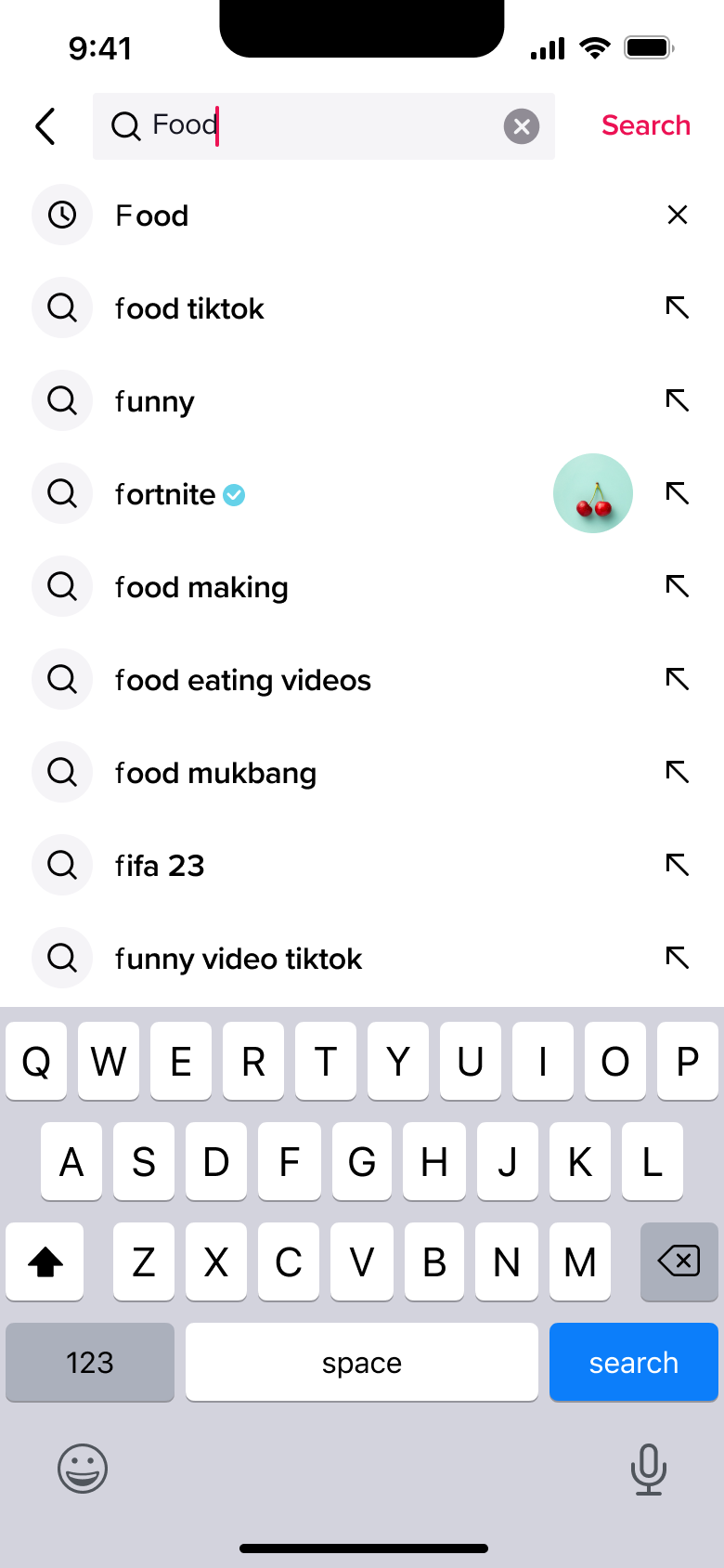 Search suggestions for a typed query with recent and trending terms.