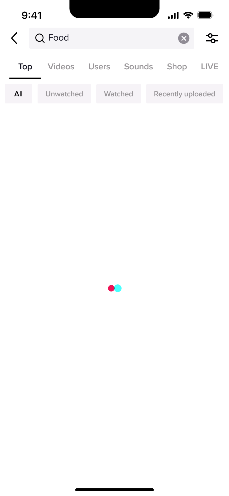 Search results top tab loading with filter chips.