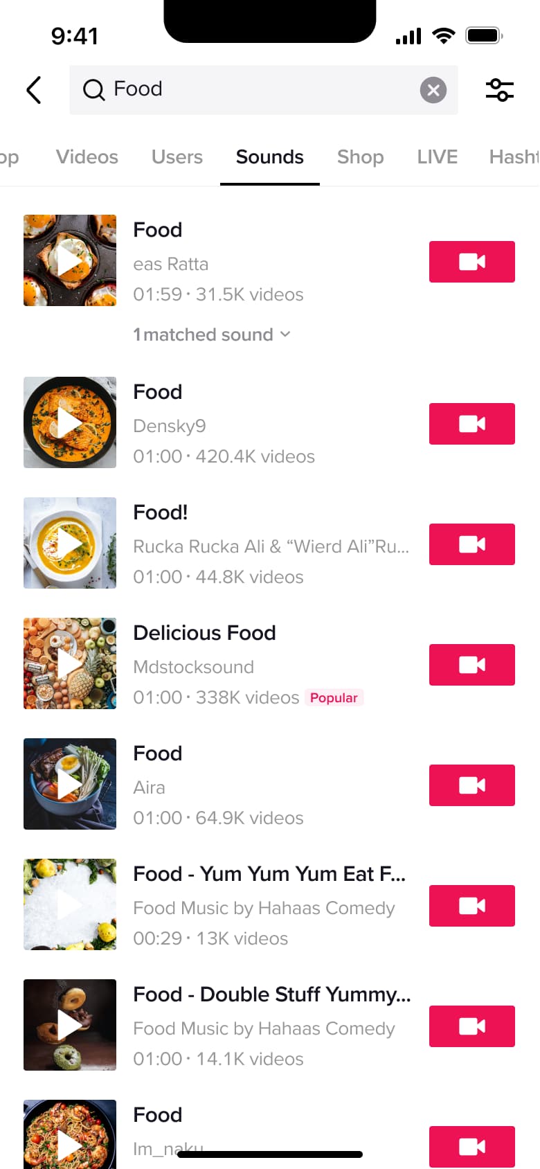 Sounds search results with durations and use buttons.