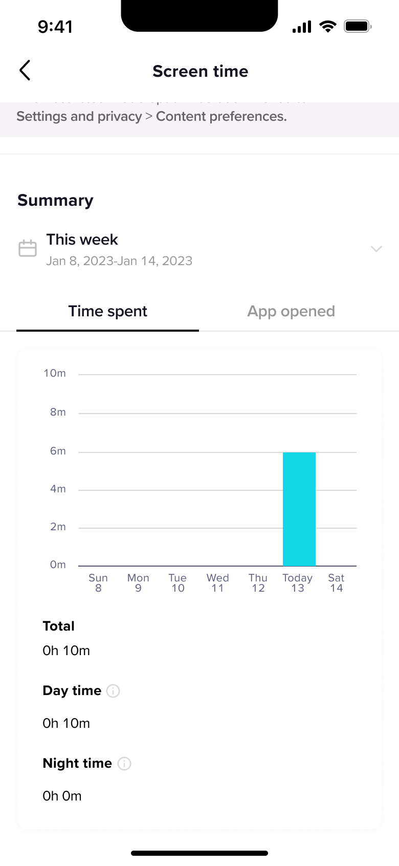 Screen time summary: weekly time spent bar chart with day and night totals.