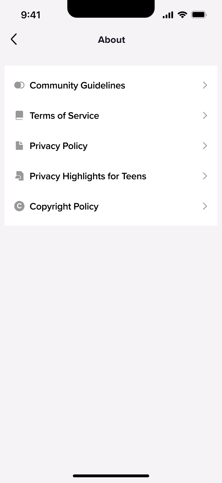 About: community guidelines, terms, privacy policy and copyright policy.
